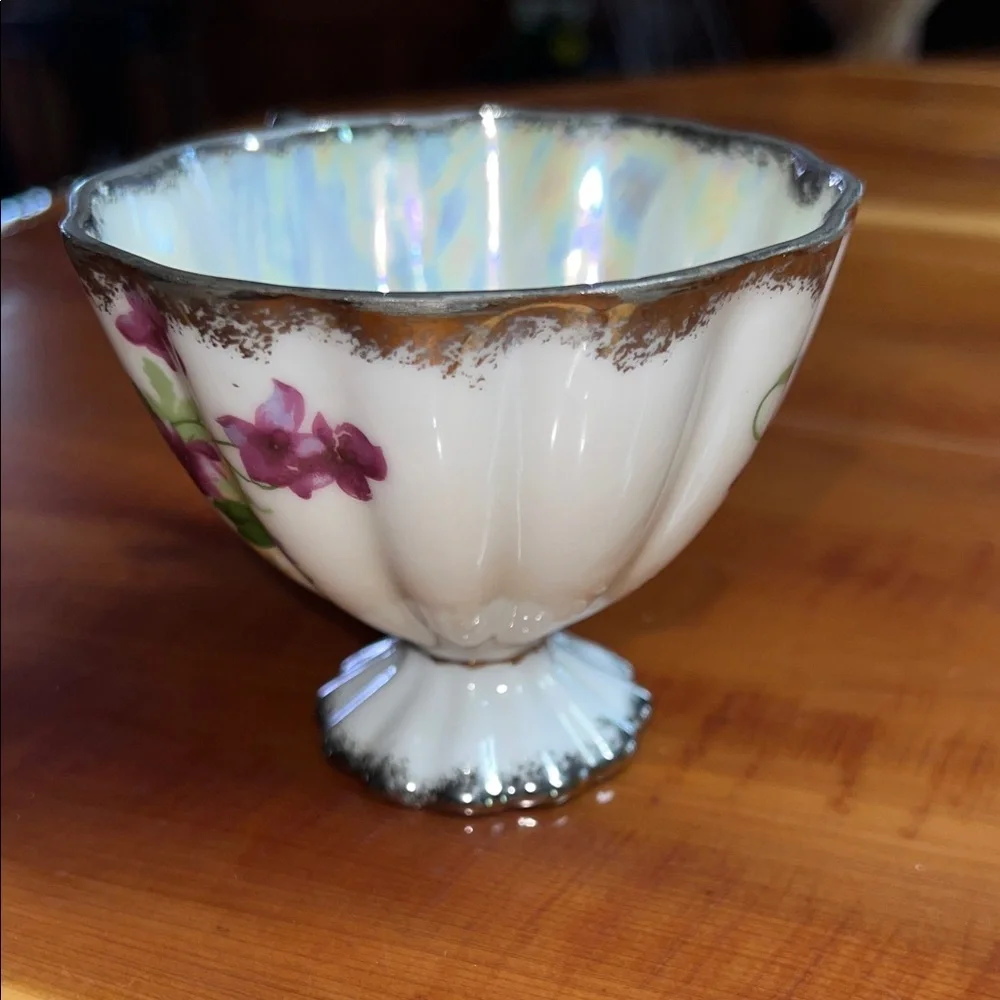 Vintage Fred Roberts Japan Iridescent Teacup with Silver Handle Delicate